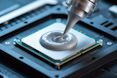 Thermal paste is applied on computer processor to improve heat transfer and ensure efficient engineering cooling performance in electronic devices
