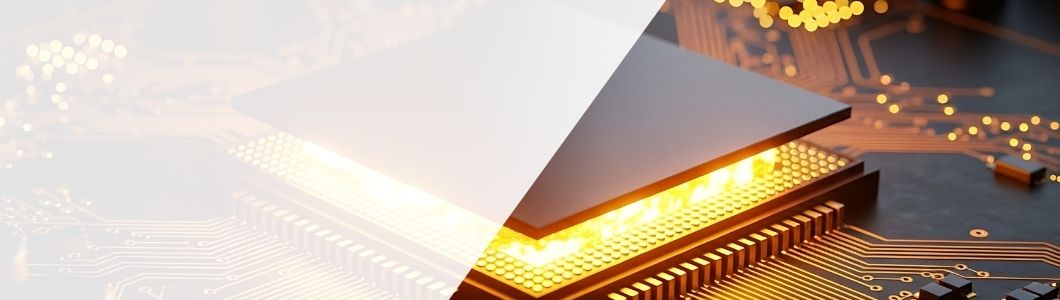 closeup view of a powerful cpu processor with a dark, reflective surface, glowing intensely with orange light from beneath, set against a backdrop of illuminated circuit board pathways